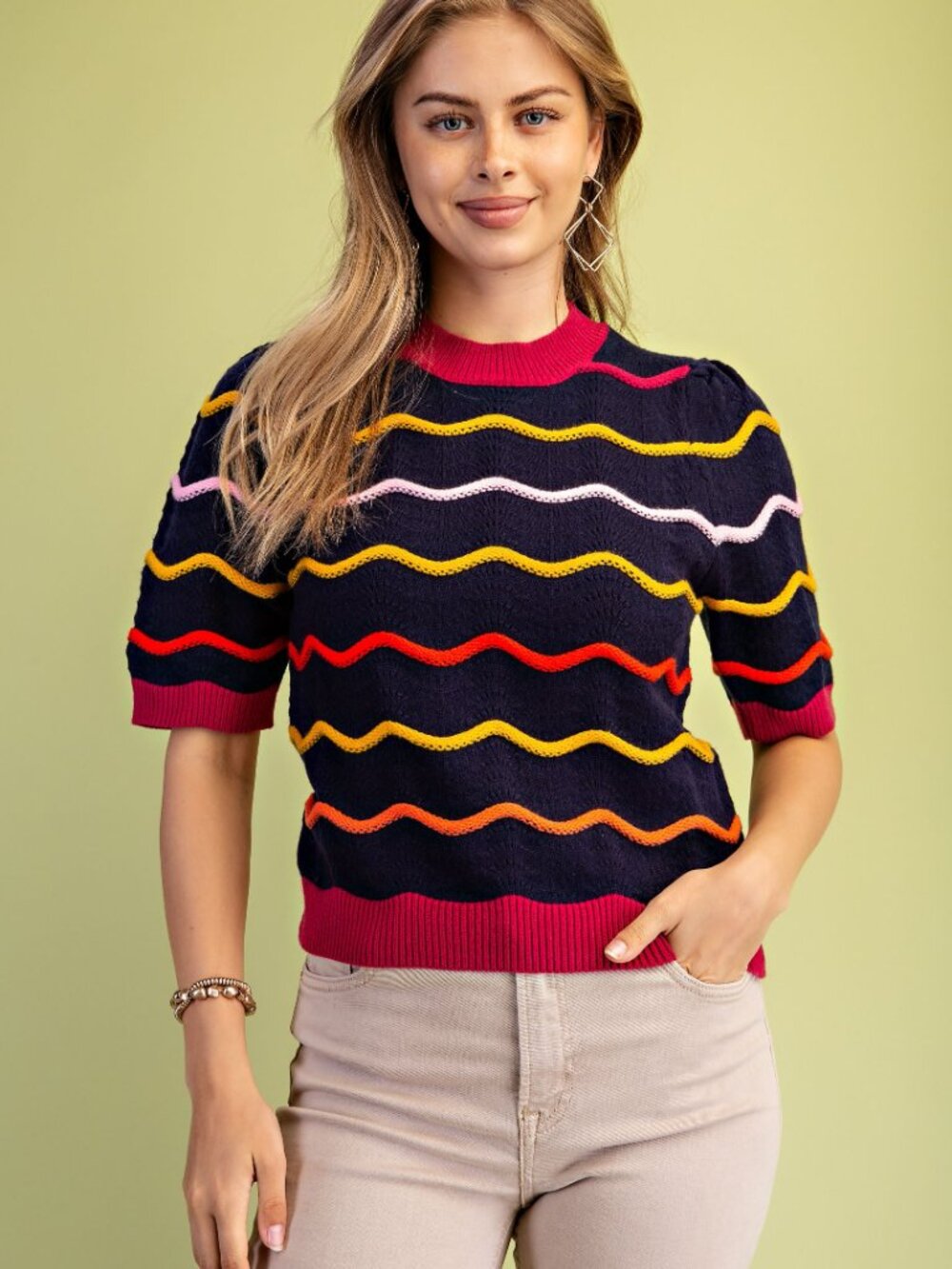 GiGiO Pointelle Knit Short Sleeve Sweater - Picture 2 of 6